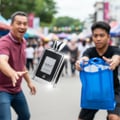 Lattafa Ejaazi Intensive by Lattafa — Man throws perfume bottle to a boy holding a blue bag at a street market.