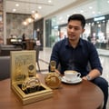 Lattafa Fakhar Extrait — Man in navy shirt sits at table with gold perfume bottles and steaming coffee
