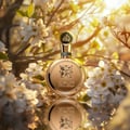Lattafa Fakhar Extrait — Gold bottle with ornate emblem surrounded by white blossoms and sunlit foliage