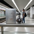 Lattafa Fakhar Platin by Lattafa Perfumes — Silver perfume box and bottle on a railing with a blurred person in a subway