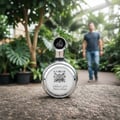 Lattafa Fakhar Platin — Silver perfume bottle with ornate emblem and Arabic script, on a stone in a lush greenhouse with a