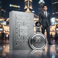Lattafa Fakhar Platin — Silver perfume box and round bottle with ornate design, man in suit in blurred background.