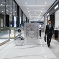 Lattafa Fakhar Platin — Silver perfume bottle and box on marble counter in store aisle with blurred man walking