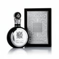 Lattafa Fakhar Silver by Lattafa 100ml EDP Men — Black perfume bottle with silver emblem next to a black box with silver