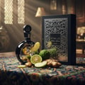 Lattafa Fakhar Silver — Black perfume bottle with apple, lime, bergamot, and ginger on a patterned cloth
