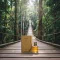 Lattafa Fire On Ice — Botol wangian dan kotak emas diletakkan di atas jambatan kayu di hutan hijau.