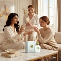 Lattafa Opulent Musk by Lattafa 100ml EDP Unisex — Three women in elegant attire in a bright, luxurious room, one spraying perfume on her wrist, another smelling it, and a third holding a decorative fan. A perfume box and bottle are on the marble table.