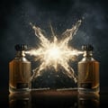Lattafa Golden Oud by Lattafa Asdaaf — Two bottles with golden liquid and black caps, exploding with golden light and