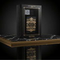 Lattafa Badee Al Oud by Lattafa Oud for Glory — Black gift box with gold accents, showcasing a perfume bottle and smaller