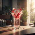 Lattafa Hayaati Florence by Lattafa 100ml EDP Women — A perfume bottle with a splash of red liquid, lychees, cranberries, and a grapefruit slice exploding outwards, set on a wooden table with shattered glass pieces.