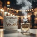 Lattafa Pure Musk by Lattafa (Khalis Musk) 100ml EDP — A perfume bottle and its box sit on a table, with smoke forming a ghostly face above the broken bottle cap.