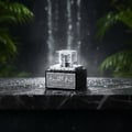 Lattafa Sheikh Al Shuyukh by Lattafa 50ml EDP Men — A clear glass cap perfume bottle with a silver and black base, sitting on a wet marble surface with water droplets, surrounded by lush green foliage and a blurred waterfall background.