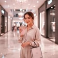 Lattafa Haya by Lattafa Perfumes – 100 ml for Women, a woman holding a pink perfume bottle with a gold sunburst design and a shopping bag.