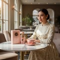 Lattafa Haya by Lattafa Perfumes – 100 ml for Women, presented with its pink box and a cup of latte on a marble table, with a woman in a gold-embroidered dress in the background.