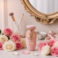 Lattafa Haya by Lattafa Perfumes – 100 ml for Women, a pink perfume bottle with gold accents surrounded by pink and white roses and rose petals on a marble surface.