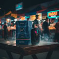 Lattafa Hayaati Al Maleky by Lattafa – 100 ml for Men, a dark glass perfume bottle and its navy blue box with gold accents, displayed on a wooden table with smoke effects, blurred night market background.