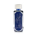 Lattafa Hayaati Al Maleky by Lattafa – 100 ml for Men, a rectangular dark blue glass perfume bottle with a silver cap, featuring Arabic and English text.