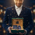 Lattafa Hayaati Al Maleky by Lattafa – 100 ml for Men, a man in a suit holding an open gift box with confetti falling, revealing a blue perfume bottle and two small boxes inside.