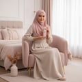 Lattafa Hayaati Florence by Lattafa 100ml EDP Women — Woman in a pink hijab and beige dress sitting in a pink armchair, holding a pink perfume bottle.