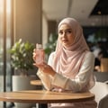 Lattafa Hayaati Florence by Lattafa 100ml EDP Women — Woman in a pink hijab holding a pink perfume bottle with Arabic script, seated at a wooden table with plants in the background.