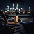 Lattafa Hayaati Gold Elixir by Lattafa 100ml Unisex — A gold-capped amber perfume bottle sits on the dashboard of a car at night, with a blurred city skyline in the background.
