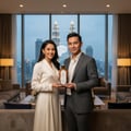 Lattafa Hayaati Gold Elixir by Lattafa 100ml Unisex — A man and woman stand in a luxurious living room, holding a gold-capped perfume bottle with Arabic script.