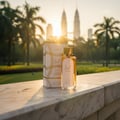 Lattafa Hayaati Gold Elixir by Lattafa 100ml Unisex — Perfume bottle and box with gold accents, set against a blurred background of palm trees and city skyscrapers at sunrise.