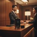Lattafa Hayaati Men by Lattafa Perfumes100ml EDP — A dark glass perfume bottle with gold Arabic script and 'HAYAATI' text, next to its square cap, on a wooden counter with blurred hotel receptionists in the background.