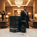 Lattafa Hayaati Men by Lattafa Perfumes100ml EDP — Black perfume box and bottle with Arabic script on a marble table, man in suit blurred in background.