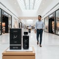 Lattafa Hayaati Men by Lattafa Perfumes100ml EDP — A black perfume bottle and its box are displayed on a wooden stand in a shopping mall corridor, with a man walking in the background.