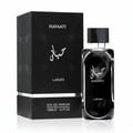 Lattafa Hayaati Men by Lattafa Perfumes100ml EDP — Black perfume bottle and matching black box with Arabic calligraphy and silver accents, displayed on a white background.