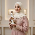 Lattafa Her Confession by Lattafa 100ml EDP — Woman in a cream hijab and pink embroidered dress holding a perfume bottle with a white bust top and gold accents, decorated with small white flowers.