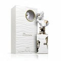 Lattafa Her Confession 100ml EDP — White textured box with a circular window revealing a bust sculpture, next to a white perfume bottle topped with a similar bust sculpture, featuring gold accents.