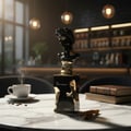 Lattafa His Confession by Lattafa Perfume 100ml — Black and gold perfume bottle with a bust of a man as the cap, placed on a marble table with coffee, coffee beans, books, and cinnamon sticks.