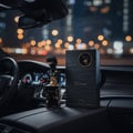 Lattafa His Confession by Lattafa Perfume 100ml — A black bust figurine and its black textured box sit on a car's leather dashboard at night, with bokeh city lights in the background.