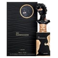 Lattafa His Confession by Lattafa Perfume 100ml — Black textured box with gold circular emblem and a black bust sculpture with gold accents as the perfume bottle cap