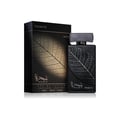 Lattafa Najdia Tribute by Lattafa 100ml EDP — Black perfume bottle with a leaf design and textured cap, next to its matching black box with a leaf imprint.