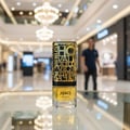 Lattafa Jasoor oleh Lattafa Perfumes 100 ml Unisex — Botol emas berhias dengan tulisan Arab dan teks 'Jasoor', diletakkan di permukaan reflektif dalam suasana dalaman pusat membeli-belah dengan lampu candelier kabur dan orang berjalan di latar belakang.