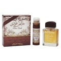 Lattafa Khalis Pure Oudi by Lattafa EDP 100ml — Box, spray bottle, and perfume bottle with gold accents and Arabic calligraphy on a white background.