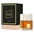 Lattafa Khamrah by Lattafa 100ml EDP Unisex — Black and gold box with geometric design next to a clear glass perfume bottle with amber liquid and textured cap.