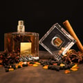 Lattafa Khamrah by Lattafa 100ml EDP Unisex — Amber liquid perfume bottle with gold cap, tilted clear square cap, cinnamon stick, star anise, peppercorns, and amber pieces on a wooden surface with dark background.