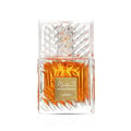 Lattafa Khamrah by Lattafa 100ml EDP Unisex — Amber liquid in a clear, textured glass bottle with a decorative clear cap and a gold label.