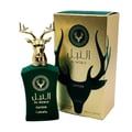 Lattafa Safeer by Lattafa Al Noble 100ml EDP — Green velvet perfume bottle with gold deer head cap, next to a gold box with deer antlers design.