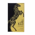 Lattafa Lail Maleki by Lattafa 100ml EDP Unisex — A black and gold perfume box featuring a rearing horse silhouette made of Arabic calligraphy, with the product name 'Lail Maleki' and 'Lattafa' printed below.