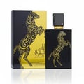 Lattafa Lail Maleki by Lattafa 100ml EDP Unisex — Black perfume bottle with gold horse design and matching black and gold box, presented on a white reflective surface.