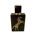 Lattafa Lail Maleki by Lattafa 100ml EDP Unisex — Black perfume bottle with gold Arabic calligraphy horse design, gold cap with two small crystals