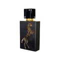 Lattafa Lail Maleki by Lattafa 100ml EDP Unisex — Black rectangular perfume bottle with gold Arabic calligraphy horse design and a black square cap with gold accents.