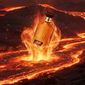 Lattafa Golden Oud by Lattafa Asdaaf 100 ml Unisex — A golden perfume bottle engulfed in flames and floating above a river