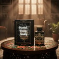Lattafa Badee Al Oud by Lattafa Oud for Glory — Black perfume box and bottle on a patterned table, oriental woody smoky text