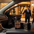 Lattafa Badee Al Oud by Lattafa Oud for Glory 100ml EDP — Black perfume bottle and box on car seat, man in suit exiting